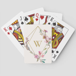 ELEGANT BLUSH PINK CHERRY BLOSSOM FLORAL MONOGRAM POKER CARDS