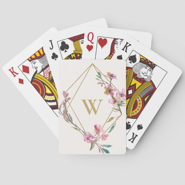 ELEGANT BLUSH PINK CHERRY BLOSSOM FLORAL MONOGRAM POKER CARDS (Back)