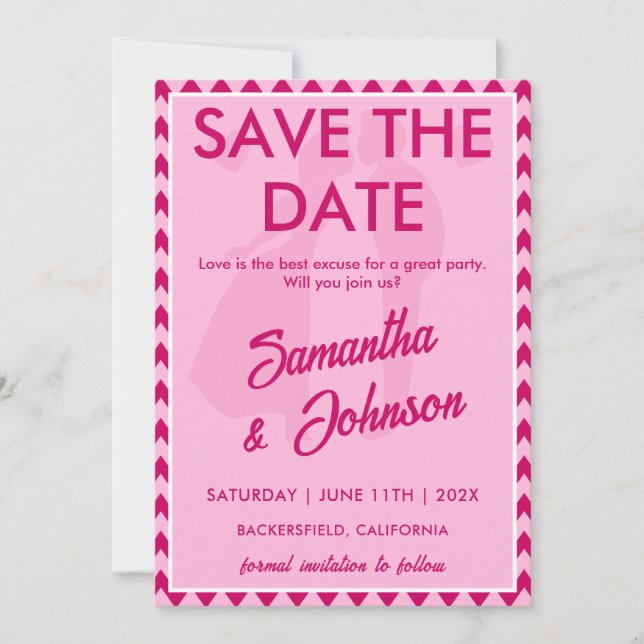 Elegant Blush Pink Chevron Stripe QR Code Save The Date (Front)
