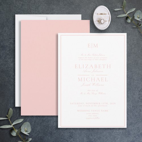 Elegant Blush Pink Classic Script Monogram Wedding Invitation