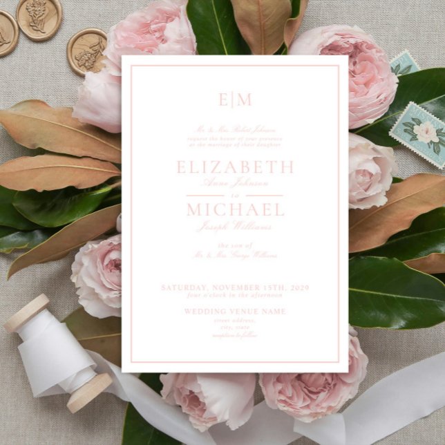 Elegant Blush Pink Classic Script Monogram Wedding Invitation (Creator Uploaded)