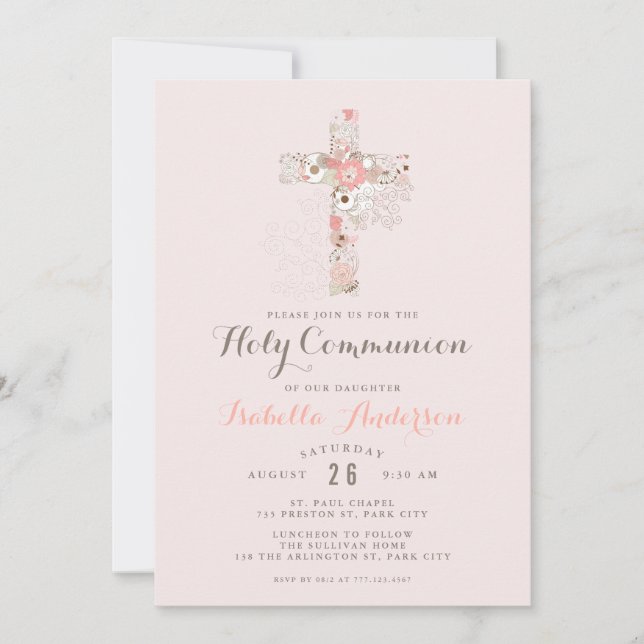 Elegant blush pink communion floral cross name  invitation (Front)