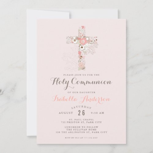 Elegant blush pink communion floral cross name  invitation