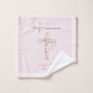 Elegant blush pink communion floral cross  wash cloth