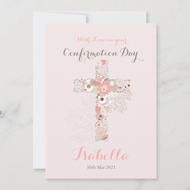 Elegant blush pink confirmation floral cross name  card (Front)
