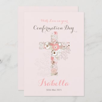 Elegant blush pink confirmation floral cross name card | Zazzle