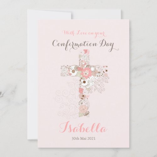 Elegant blush pink confirmation floral cross name  card