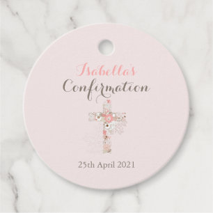 Elegant blush pink confirmation floral cross name favor tags