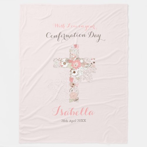 Elegant blush pink confirmation floral cross name  fleece blanket