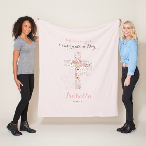 Elegant blush pink confirmation floral cross name fleece blanket