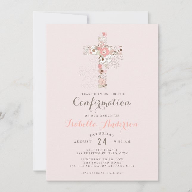 Elegant blush pink confirmation floral cross name  invitation (Front)