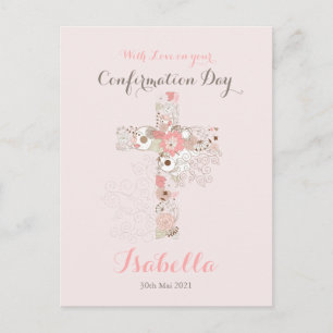 Elegant blush pink confirmation floral cross name postcard