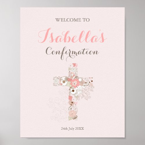 Elegant blush pink confirmation floral cross name poster