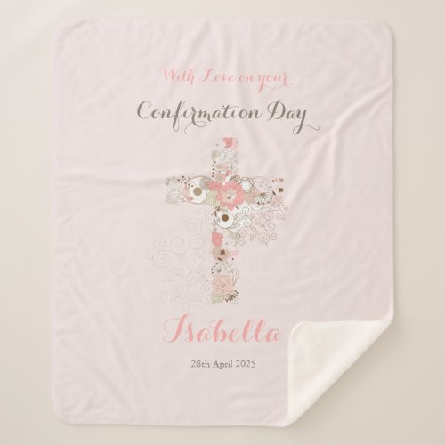 Elegant blush pink confirmation floral cross name  sherpa blanket