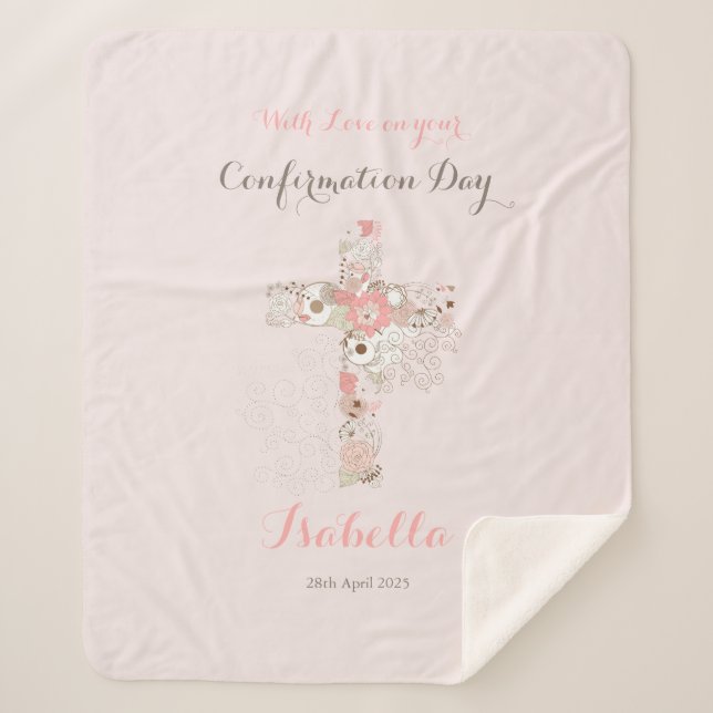 Elegant blush pink confirmation floral cross name  sherpa blanket (Front)