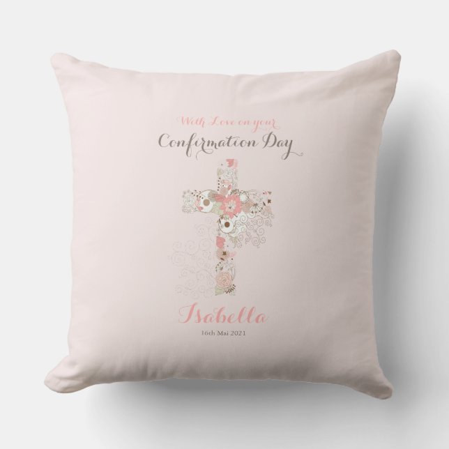 Elegant blush pink confirmation floral cross name  throw pillow (Front)