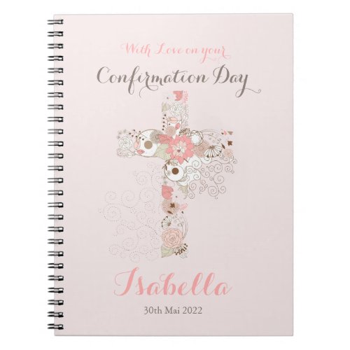 Elegant blush pink confirmation floral cross notebook