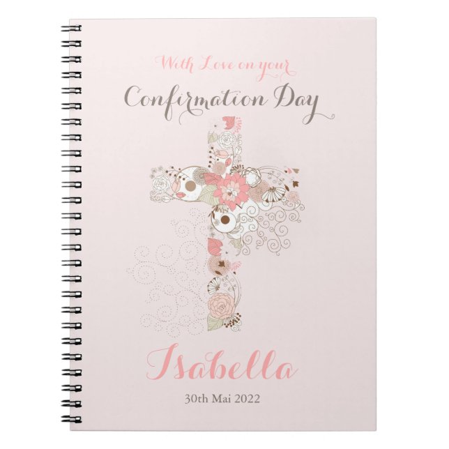 Elegant blush pink confirmation floral cross notebook (Front)