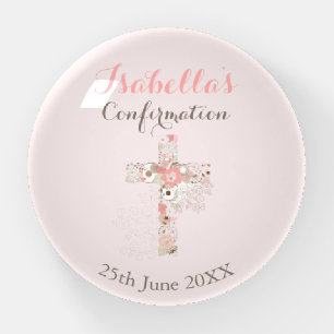 Elegant blush pink confirmation floral cross paperweight