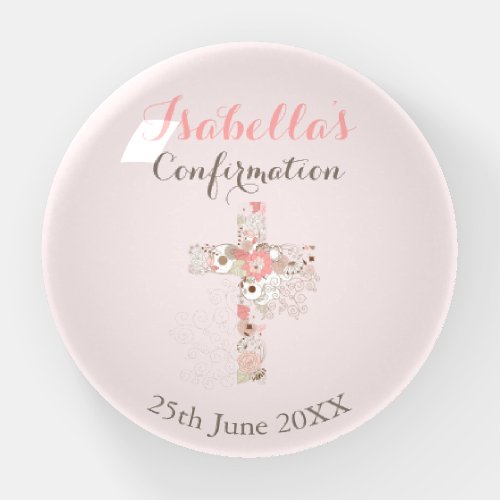 Elegant blush pink confirmation floral cross  paperweight