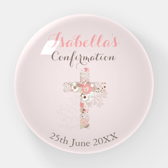 Elegant blush pink confirmation floral cross  paperweight (Front)