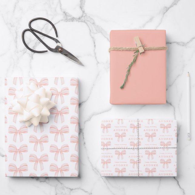 Elegant Blush Pink Coquette Bow Birthday Wrapping Paper Sheets (Front)