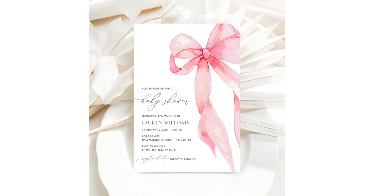 Elegant Blush Pink Coquette Bow Girl Baby Shower Invitation | Zazzle