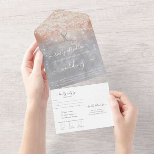 Elegant Blush Pink Coral Heart Leaf Tree Wedding  All In One Invitation