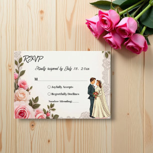 Elegant Blush Pink Couple Summer Floral Wedding RSVP Card