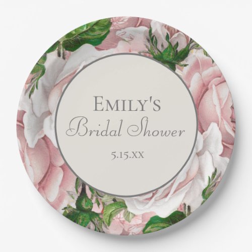 Elegant Blush Pink Cream Floral Bridal Shower Paper Plates