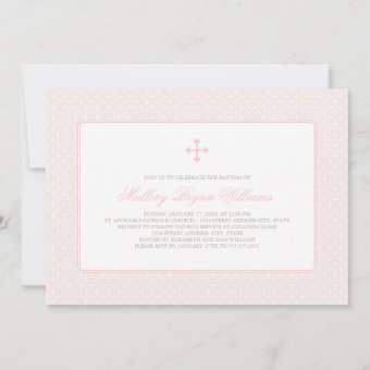 Elegant Blush Pink Cross Pattern Baby Girl Baptism Invitation | Zazzle