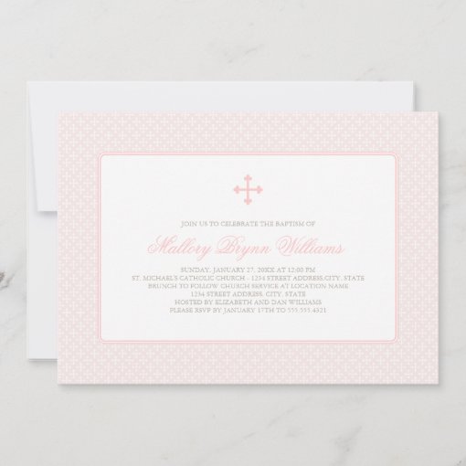 Elegant Blush Pink Cross Pattern Baby Girl Baptism Invitation 