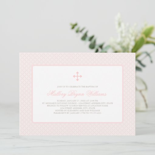 Elegant Blush Pink Cross Pattern Baby Girl Baptism Invitation | Zazzle