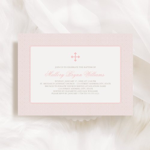 Elegant Blush Pink Cross Pattern Baby Girl Baptism Invitation
