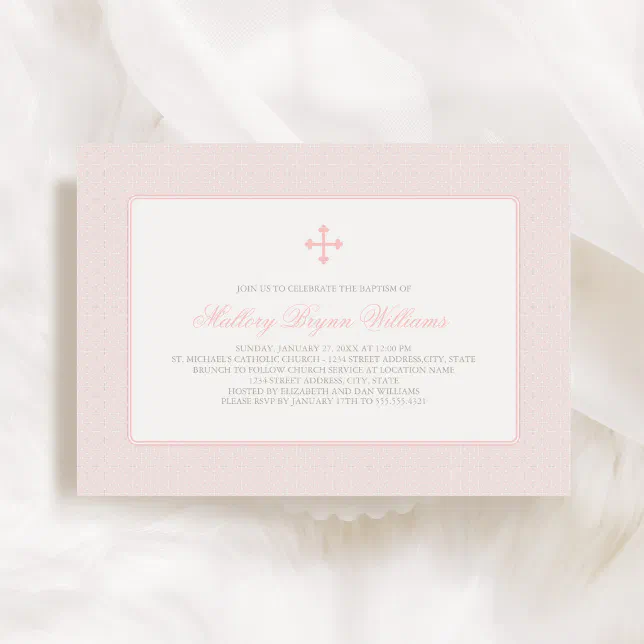 Elegant Blush Pink Cross Pattern Baby Girl Baptism Invitation | Zazzle