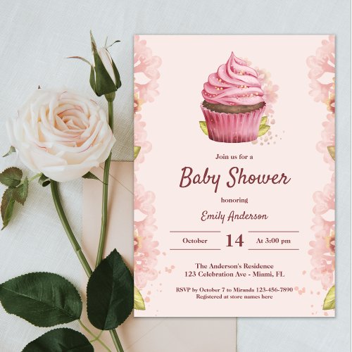 Elegant Blush Pink Cupcake Girl Sweet Baby Shower Invitation