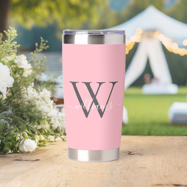 Elegant Blush Pink Custom Monogram Script Name Insulated Tumbler (Wedding (Rotated))