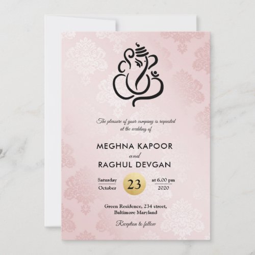 Elegant Blush Pink Damask Ganesha Indian Wedding  Invitation