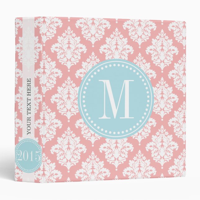 Elegant Blush Pink Damask Personalized 3 Ring Binder (Front/Spine)