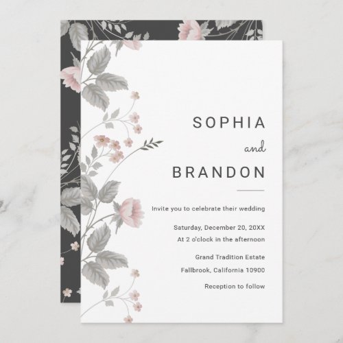 Elegant Blush Pink  Dark Grey Floral Wedding Invitation