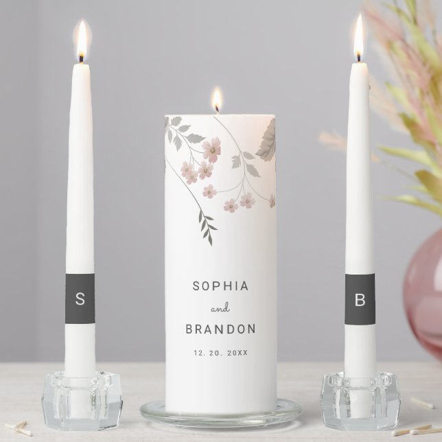Elegant Blush Pink & Dark Grey Floral Wedding Unity Candle Set (In Situ)