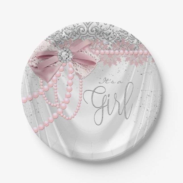 Elegant Blush Pink Diamond Pear Baby Shower Paper Plates (Front)