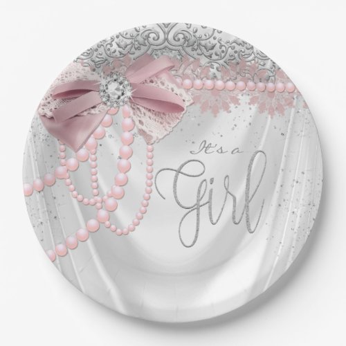 Elegant Blush Pink Diamond Pear Baby Shower Paper Plates