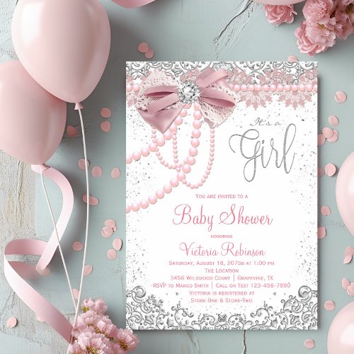 Elegant Blush Pink Diamond Pearl Girly Baby Shower Invitation