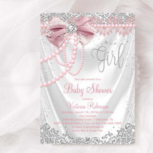 Elegant Blush Pink Diamond Pearl Girly Baby Shower Invitation