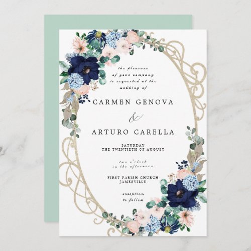 Elegant Blush Pink Dusty Blue Floral Wedding Invit Invitation
