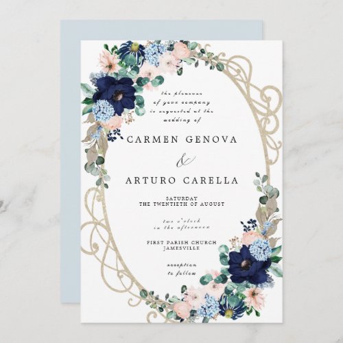 Elegant Blush Pink Dusty Blue Floral Wedding Invitation