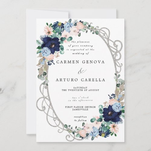 Elegant Blush Pink Dusty Blue Floral Wedding Invitation