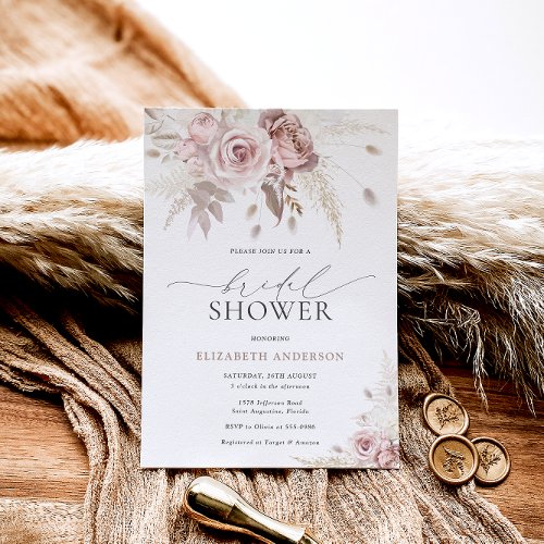 Elegant Blush Pink Dusty Rose Floral Bridal Shower Invitation
