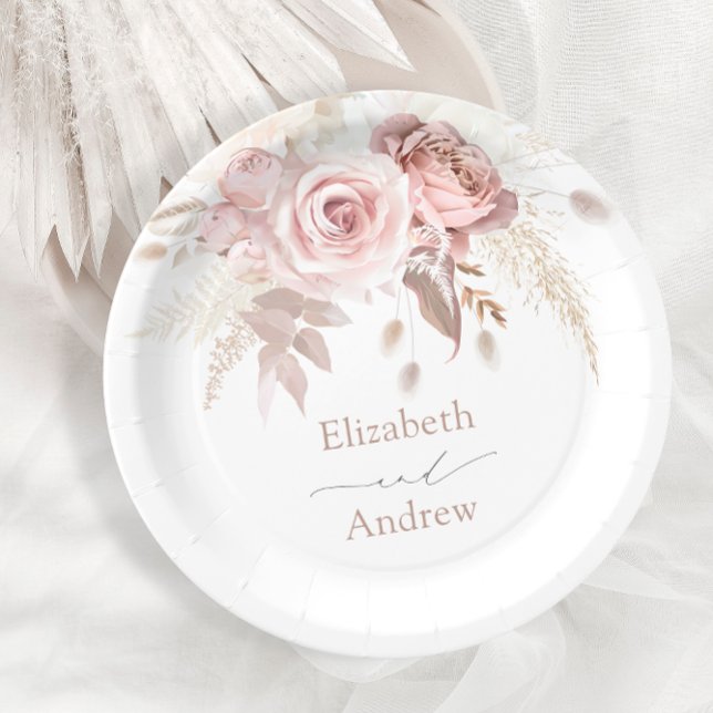 Elegant Blush Pink Dusty Rose Floral Wedding Paper Plates (Creator Uploaded)